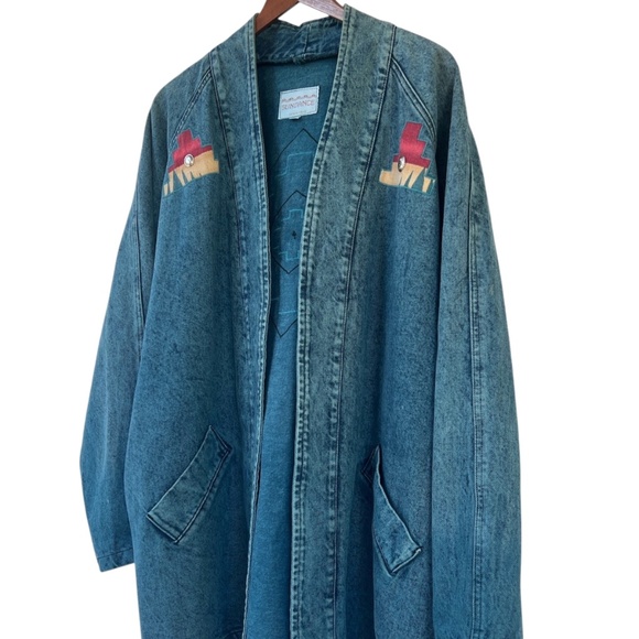 Vintage Sundance Denim Southwestern Concho Teal Aztec Print Acid Wash Coat USA L - Picture 16 of 16